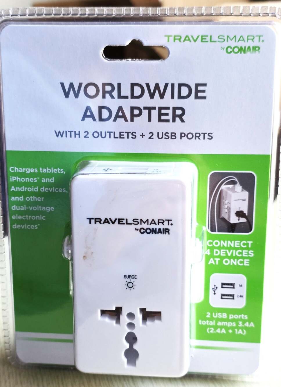 Worldwide Adapter-TravelSmart by Conair-2 Outlets-2 Ports-Sealed